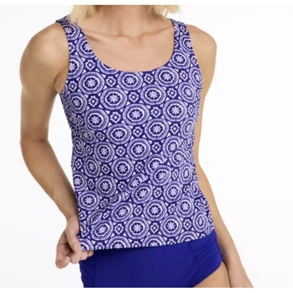 L.L. Bean Womens Sz 8 Blue Medallion Beansport Scoopneck Lined Tankini Swim Top